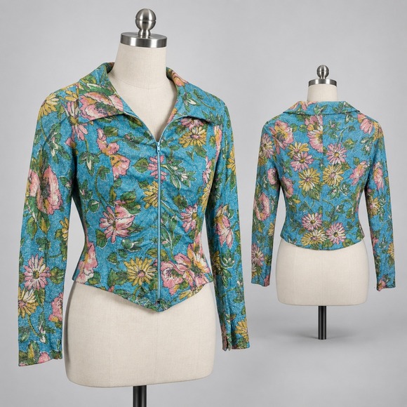 Bouncing Bertha's Banana Blanket Tops - 70s Disco Glam Metallic FloralVintage Zip Jacket Bouncing Bertha Blue Pink Sz 9